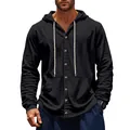 Détail d'une chemise à capuche en lin noir pour homme, style décontracté de plage - Noir