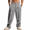 Graue Leinenhose für Herren in lockerer Passform mit Kordelzug und Zierknopf-Details. - Grau