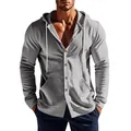 Casual herenoverhemd met lange mouwen en capuchon van grijs linnen met knopen. - S / Tops / Middelgrijs