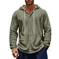 Chemise à capuche en lin vert pour homme avec fermeture à boutons et cordons de serrage - Vert Militaire