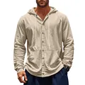 Gros plan sur une chemise à capuche en lin ample pour hommes avec boutons et poches - Khaki Clair
