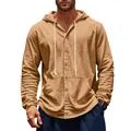 Chemise à capuche décontractée pour homme en lin beige avec boutons et poche kangourou - Jaune Terre