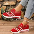 Comfortable red and white striped knit wedge sneakers with decorative gold chain - 36 / Red