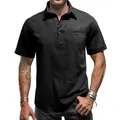 Men's black textured linen short sleeve polo shirt with chest pocket and buttons - S / Tops / Black