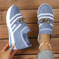 Blue fly-knit hollow loafers with metal chain and wedge heel for women - 36 / Blue