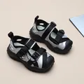 Detail view showing the mesh texture and buckle straps of boys' silver sports sandals - 26 / Black