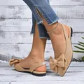 Elegant beige women's slingback sandals featuring a large bow and pointed toe design - 35 / Khaki