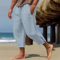 Detalle de pantalones de playa para hombre en algodón y lino azul claro con cordón y nudos bajos - Azul claro