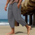 Detalle de pantalones de lino grises para hombre con cordón y ajuste de playa - Gris oscuro