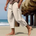 Pantalón corto de lino y algodón beige para hombre con cordón y un fondo de playa - Caqui