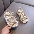 Elegant champagne gold girls' princess sandals featuring sparkling rhinestone bows - 22 / Gold