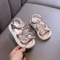 Elegant girls rose gold princess sandals with bow knots and rhinestone accents for summer - 34 / Champagne