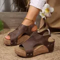Close-up of vintage brown wedge sandals featuring rivets and a cork-style platform sole. - 36 / Rivet Peep Toe Style / Coffee