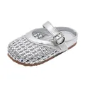 Girls silver metallic woven hollow-out flat mule slippers with adjustable buckle strap - Size 27: 16.6cm / Silver
