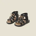 Sandales noires pour bébés filles avec lacets en corde beige et semelles souples - Longueur Intérieure 12cm / Style à Nœud Papillon (23MBX2301) / Noir