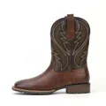 Classic men's brown western cowboy boots featuring vintage embroidery and cutout details - Dark Brown