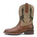 Vintage men's Western cowboy boots with brown leather and green chevron embroidery. - 7 / Brown