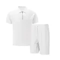 Detail of white waffle knit men's set with zipper polo shirt and matching shorts. - S / Top And Bottom / White