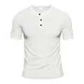 Men's casual white short sleeve Henley shirt with a textured waffle knit design - White