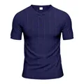 Navy blue men's short-sleeved Henley shirt featuring premium textured slub fabric detail - Navy Blue