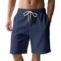 Primer plano detallado de pantalones cortos de pana azul marino con cordón blanco - Azul marino