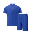 Men's blue waffle knit casual set with zip polo shirt and drawstring shorts for summer. - S / Top And Bottom / Sapphire Blue