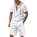 Detail view of men's white linen hooded short sleeve shirt and shorts summer set - S / Top And Bottom (CW-15+WW-2) / White