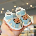 Cute light blue baby walking sandals with cartoon bear and soft anti-slip orange sole. - Size 16 (Inner Length 11.5 cm) / Cyan