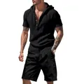 Men's black linen hooded shirt and shorts two-piece set for beach and casual wear. - S / Top And Bottom / Black