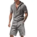 Men's summer casual linen two-piece set featuring hooded shirt and drawstring shorts. - S / Top And Bottom / Gray