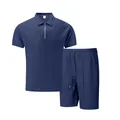 Close-up of men's navy blue waffle knit quarter-zip polo shirt and shorts set - Navy Blue