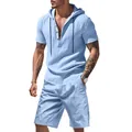 Detailed shot of a light blue linen hooded shirt and shorts set for men summer casual - Light Blue