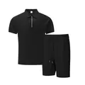 Men's casual black waffle knit short sleeve polo set with zipper and matching shorts. - Black