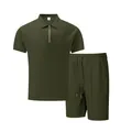 Detailed macro view of men's olive green waffle knit texture zip polo and shorts set. - Army Green