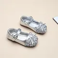 Close-up of silver sequined Mary Jane princess shoes for girls with bow detail - 27 (Inner Length 17.3cm) / Silver