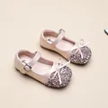 Close-up of elegant pink glitter princess shoes for little girls featuring a bow accent - 27 (Inner Length 17.3cm) / Pink