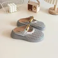 Girls' breathable silver mesh hollow-out mules for summer wear. - Size 23 (Inner Length approx. 14.5cm) / Silver
