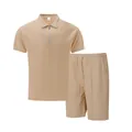Men's beige waffle knit polo and shorts leisure set with zipper collar - S / Top And Bottom / Khaki