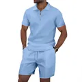Premium light blue men's waffle knit casual two-piece set featuring zipper polo and shorts - S / Top And Bottom / Light Blue