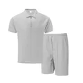 Men's grey waffle knit two-piece leisure set featuring zipper polo and shorts - Light Gray