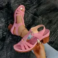 Elegant pink T-strap sandals with stylish chunky block heels and metal buckle closure - 36 / Pink