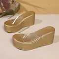 Gros plan sur des sandales dorées à semelles compensées et brides transparentes - 34 / Or
