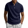 Close-up detail of navy blue quick-dry polo shirt featuring three white buttons and collar - S / Top (YY-CW-13) / Navy Blue