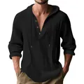 Dettaglio di una camicia Henley in lino nero traspirante con cappuccio e bottoni rustici - Taglia S / Top / Nero