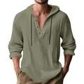 Detail of men's breathable linen hooded Henley shirt in olive green color. - Army Green