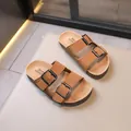 Classic brown children's cork sandals featuring adjustable double buckles for kids - 21 / Khaki