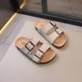 Stylish children's cork sandals with beige faux suede double buckle straps and soft sole - 21 / Off White
