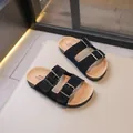 Stylish black kids cork sandals featuring two adjustable straps and silver buckles - 21 / Black