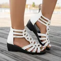 White Roman wedge sandals for women with hollow-out rhinestone design for summer time. - White