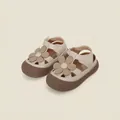 Elegant beige baby girl sandals featuring a flower charm and a soft anti-slip rubber sole - Inner Length 14cm / Floral Style (9MBX23037) / Beige